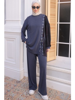 İmaj Butik Lacivert Yan Fermuar Detaylı Tunik Pantolonlu Takım