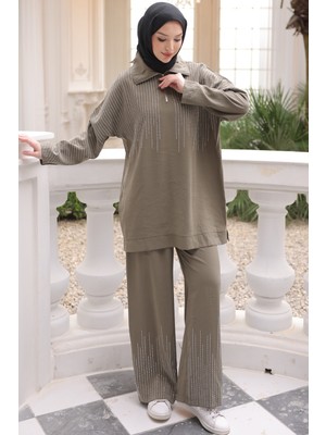 İmaj Butik Haki Yaka Fermuarlı Taş Detaylı Tunik Pantolonlu Takım