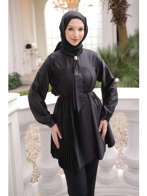 İmaj Butik Siyah Fular Yakalı Piliseli Tunik