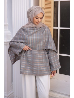 İmaj Butik Gri Ekose Desen Bel Bağlamalı Şal Detay Tunik