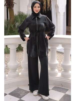 İmaj Butik Siyah Bel Lastikli Fermuarlı Tunik Pantolonlu Takım