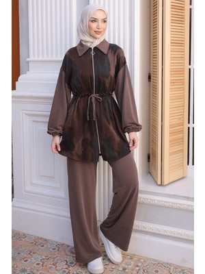 İmaj Butik Kahverengi Kol Lastikli Fermuarlı Tunik Pantolonlu Takım