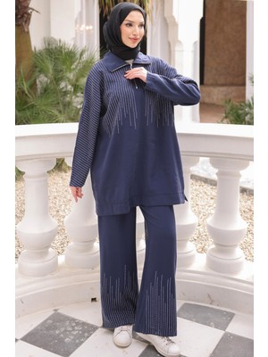 İmaj Butik Lacivert Yaka Fermuarlı Taş Detaylı Tunik Pantolonlu Takım