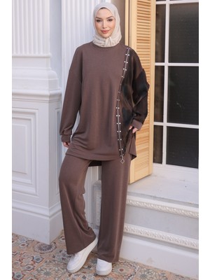 İmaj Butik Kahverengi Yan Fermuar Detaylı Tunik Pantolonlu Takım