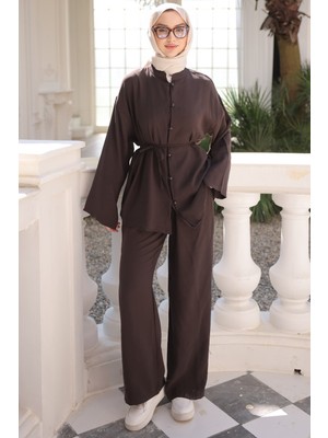 İmaj Butik Kahverengi Geniş Kol Bel Bağlamalı Tunik Pantolonlu Takım