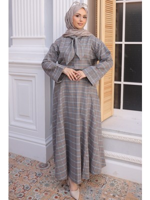 İmaj Butik Gri Ekose Yaka Detaylı Gömlek Etekli Takım