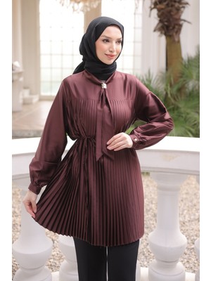 İmaj Butik Mürdüm Fular Yakalı Piliseli Tunik