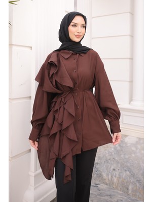 İmaj Butik Kahverengi Düğmeli Volanlı Ip Bağcıklı Gömlek