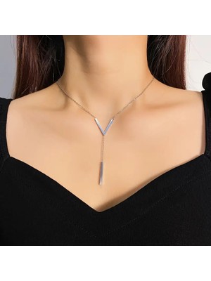 Blue Cat Bijouterie Uzun V-Şekilli Kolye Basit Paslanmaz Çelik Boyun Zinciri
