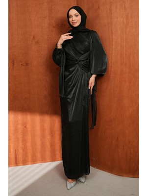 İmaj Butik Siyah Ön Detaylı Şifon Abiye
