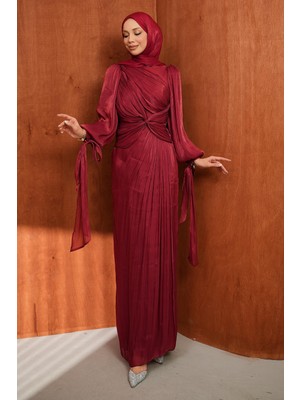 İmaj Butik Bordo Ön Detaylı Şifon Abiye