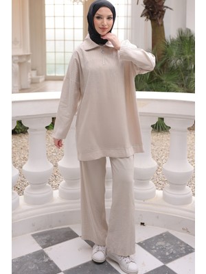 İmaj Butik Bej Yaka Fermuarlı Taş Detaylı Tunik Pantolonlu Takım