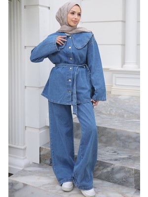 İmaj Butik Mavi Düğmeli Mendil Yaka Ceket Pantolonlu Takım