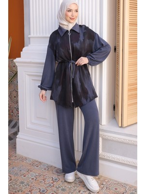 İmaj Butik Lacivert Kol Lastikli Fermuarlı Tunik Pantolonlu Takım