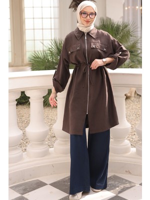 İmaj Butik Acı Kahve Bel Kuşaklı Çift Cepli Gabria Kap