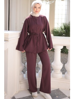 İmaj Butik Mürdüm Geniş Kol Bel Bağlamalı Tunik Pantolonlu Takım