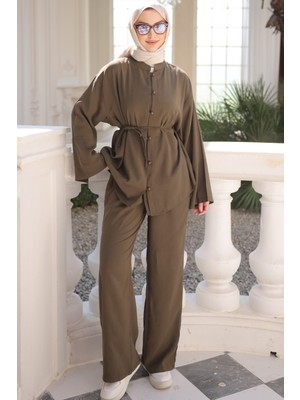 İmaj Butik Haki Geniş Kol Bel Bağlamalı Tunik Pantolonlu Takım