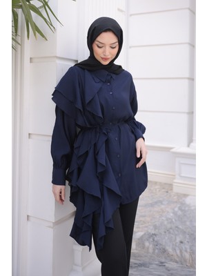 İmaj Butik Lacivert Düğmeli Volanlı Ip Bağcıklı Gömlek