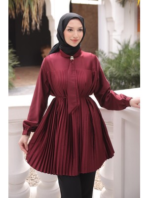 İmaj Butik Bordo Fular Yakalı Piliseli Tunik