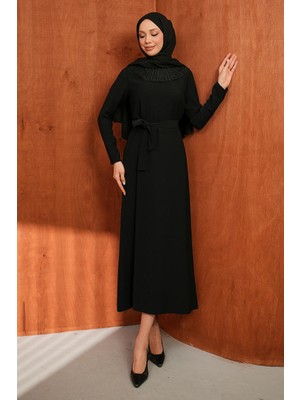 İmaj Butik Siyah Yaka Güpürlü Kuşaklı Elbise