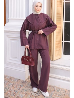 İmaj Butik Mürdüm Kolu Katlı Mendil Yaka Tunik Pantolonlu Takım