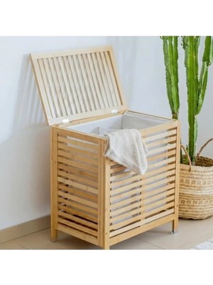Calperia 105 Litre Kapasiteli Çift Bölmeli Bambu Çamaşır Sepeti (59X53X35 Cm)