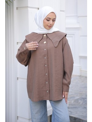 İmaj Butik Kahverengi Yaka Detaylı Düğmeli Gömlek