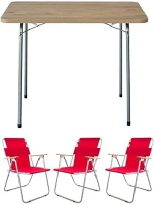 Calperia Kırmızı 60X80 Çam Katlanır Masa ve 3 Adet Sandalye Kamp Seti
