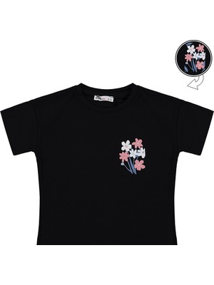 Civil Girls Renkli Çiçek Baskılı 6-9 Yaş Tişört - Siyah