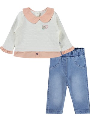 Lüks Kumru Tekstil Kalp Nakışlı 2 Li Kot 6-18 Ay Takım - Ekru