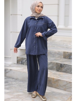 İmaj Butik Lacivert Önü Taş Detaylı Düğmeli Tunik Pantolonlu Takım