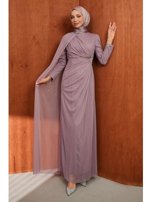 İmaj Butik Gül Kurusu Drapeli Inci Detaylı  Abiye