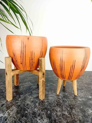 Bitki Tasarımı Ev Dekorasyon Siyah Çizgi Desenli Terrakota Toprak Saksı Saksılık Salon Çiçeklik Ikili Set 3 Ayaklı- 4 Ayaklı- 15 cm