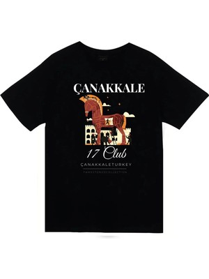 stonedfame Çanakkale - 17 - Troya - Şehitlik - Şehir Baskılı Unisex %100 Pamuk Siyah T-Shirt