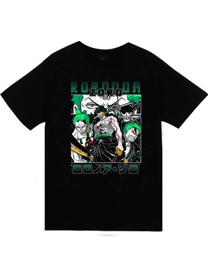stonedfame One Piece - Ronoa Zoro - Anime Baskılı Unisex %100 Pamuk Siyah T-Shirt