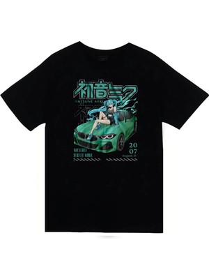 stonedfame Hatsune Miku Anime Baskılı Unisex %100 Pamuk Siyah T-Shirt
