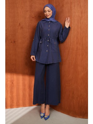 İmaj Butik Lacivert Bel Ip Büzgülü Tunik Pantolonlu Takım