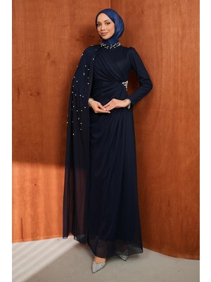 İmaj Butik Lacivert Drapeli Inci Detaylı  Abiye
