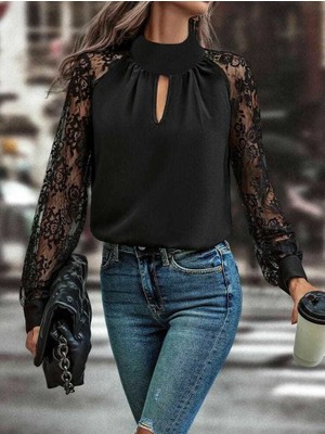 Veralya Moda Kadın Uzun Kollu Göğüs Pencere Detay Yaka Boğazlı Kolları Tüllü Sandy Bluz
