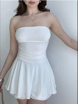 Veralya Moda Straplez Mini Etek Görünümlü Şortlu Elbise Büzgülü Şık Yazlık - Beyaz