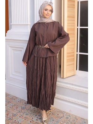 İmaj Butik Kahverengi Zincir Kemer  Detaylı Gömlek Kraş Etekli Takım