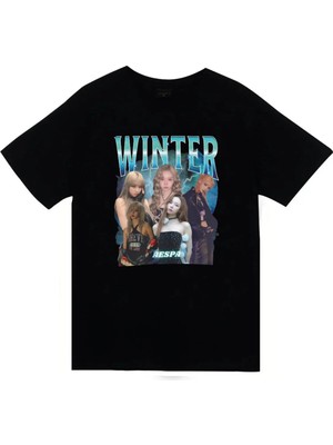stonedfame Aespa - Winter - K-Pop Baskılı Unisex %100 Pamuk Siyah T-Shirt