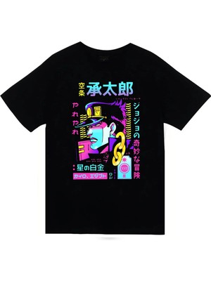 stonedfame Jojo's Bizarre Adventure - Jotaro Kujo - Anime Baskılı Unisex %100 Pamuk Siyah T-Shirt
