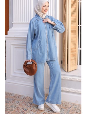 İmaj Butik Mavi Fermuarlı Ceket Pantolonlu Kot Takım