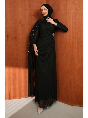 İmaj Butik Siyah Drapeli Inci Detaylı  Abiye