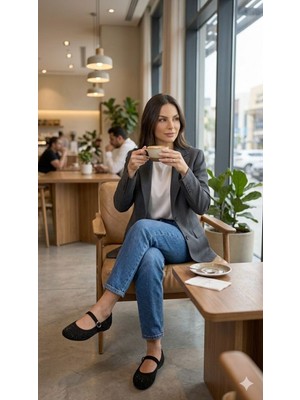 Rugano 8130 Hakiki Süet Deri Siyah Taşlı Kemerli Şık Babet Ayakkabı