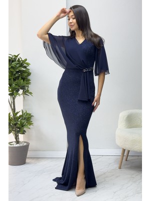 Thezkscom- Kadın Taş Detaylı Volan Kol Simli Abiye Elbise Saks, Gri, Lila, Bordo, Lacivert, Yeşil