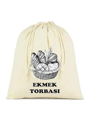 Ekmek Torbası, Pamuk Bez Torba, 40X40 Cm, Baskılı Ekmek Desenli, Krem Rengi