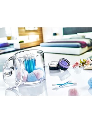 Deconox Akrilik Yuvarlak Pamuk ve Kulak Çubuğu Organzeri, Şeffaf Pamukluk, Şeffaf Kulak Çubuğu Kutusu, Yuvarlak Makyaj Organizere