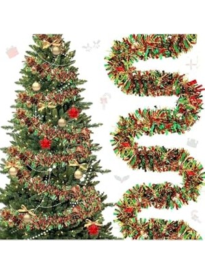 1 Adet 1.7m Cicili Bicili Yılbaşı Püskül Metalik Noel Ağacı Parlak Çelenk Süslemeleri (Kırmızı Yeşil, Kırmızı-Yeşil